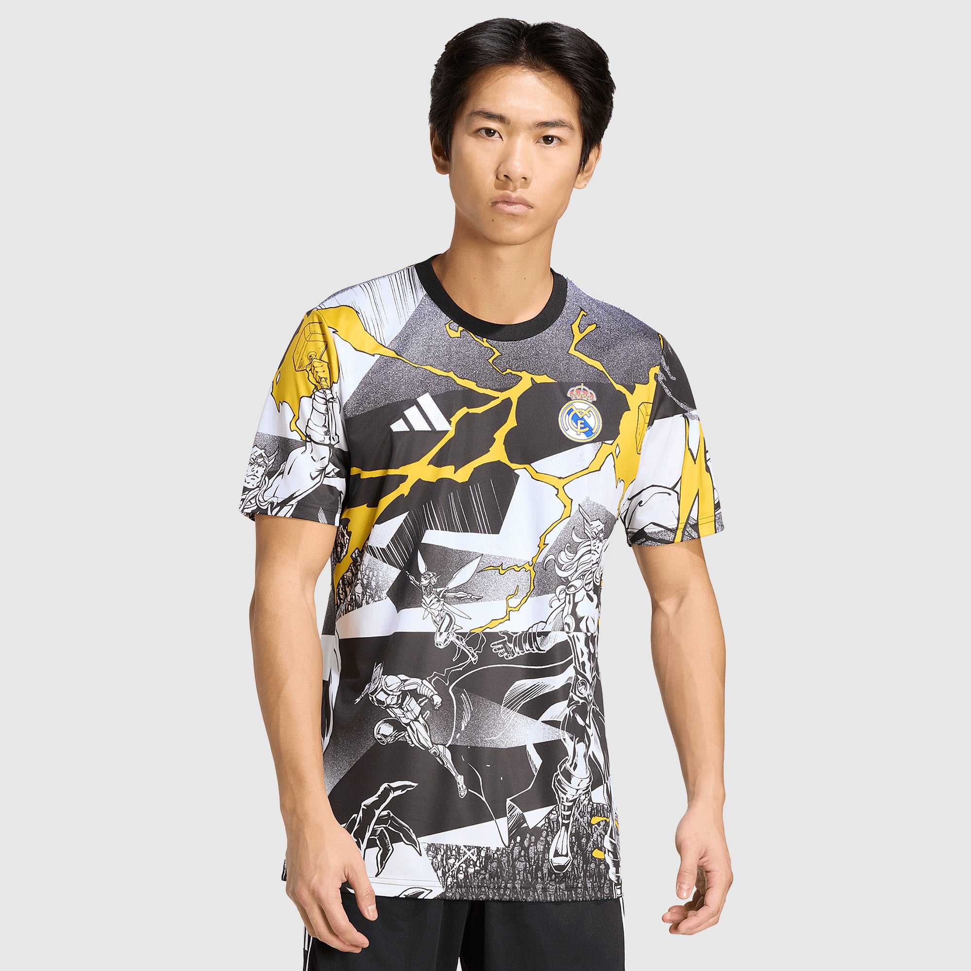 adidas Real Madrid 25/26 x Marvel Pre-Match Shirt - White/Black/Bold Gold